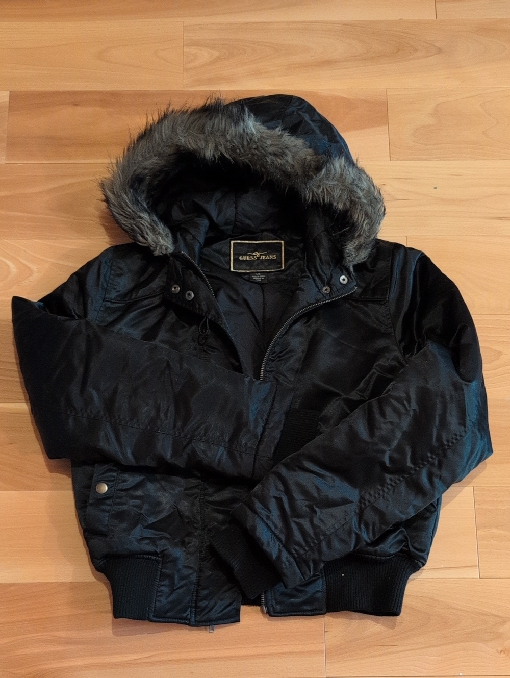 Women's Guess Black Hooded Bomber with Faux Fur Trim